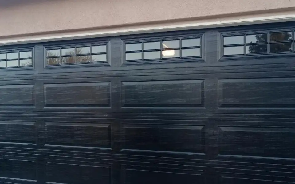Black raised-panel steel garage door with a window row